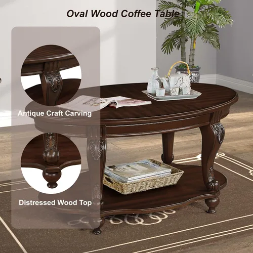 Miniatura 4 de Mesa de café ovalada de madera para sala de estar, mesa de café de dos niveles de madera maciza con estante de almacenamiento abierto, mesa