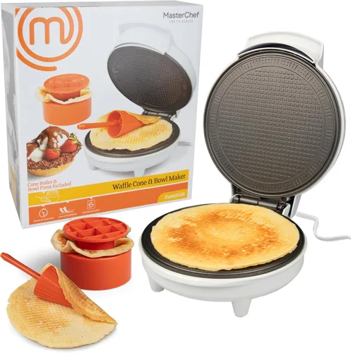 MasterChef Máquina para hacer conos y tazones para gofres, incluye rodillo moldeador y prensa de cuencos, horneado casero, máquina de hierro para
