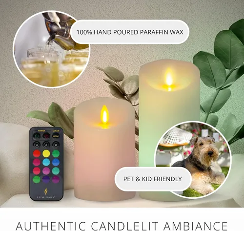 Miniatura 8 de Luminara Vela LED sin llama que cambia de color, 3 x 6.5 pulgadas, llama móvil de cera real, funciona con pilas con control remoto de 18 botones