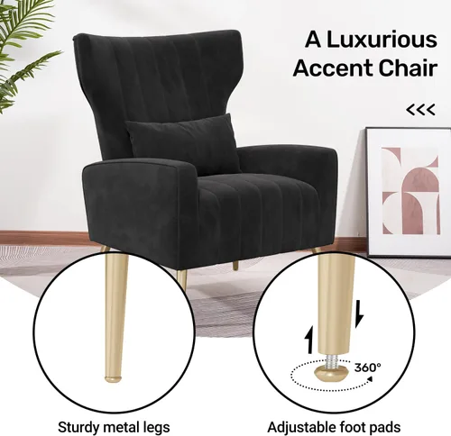 Miniatura 4 de Nebuaegis Silla decorativa de terciopelo con respaldo alado para sala de estar, sillón de respaldo alto con patas doradas, almohada lumbar, sofá