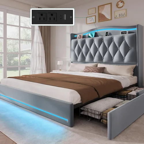 Miniatura 12 de YITAHOME Base de cama tamaño King con 4 cajones de almacenamiento y luces LED RGB, cama tapizada de terciopelo de 57 pulgadas de alto con estación