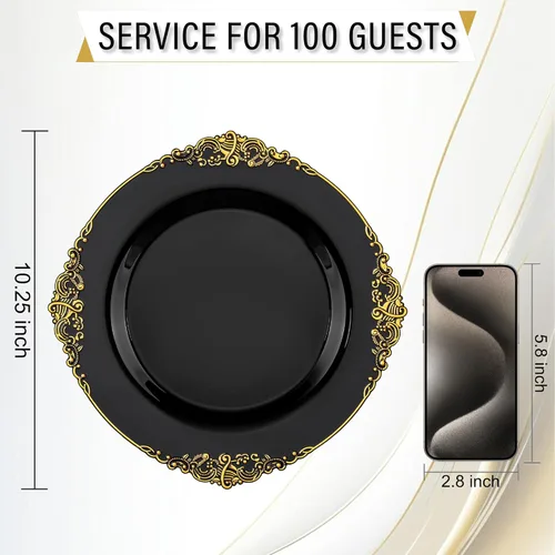 Miniatura 9 de Nervure 100 platos de plástico negro y dorado, platos desechables negros de 10.25 pulgadas, platos llanos de plástico negro para bodas, fiestas
