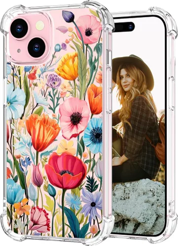 Miniatura 33 de Hungo Funda compatible con iPhone 15 Plus para mujer, diseño floral transparente, lindo, flor azul rosa Rosas Azules