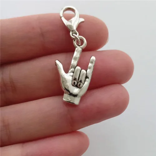 Miniatura 3 de 3 piezas I Love You Clip on Charm Zipper Pull, ASL Charm, Gesture Hand Pendant, Color Plata Antiguo