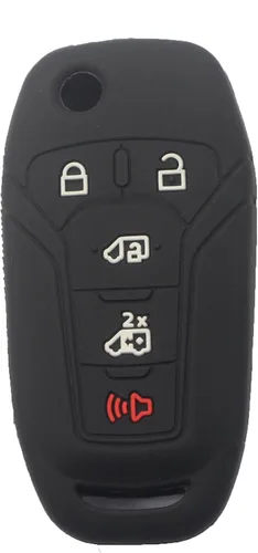 Miniatura 2 de 2 fundas protectoras de silicona de goma negra con 5 botones para llave de control remoto inteligente sin llave con llavero compatible con Ford 2
