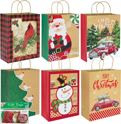 Party Funny 24 bolsas grandes de papel para regalos de Navidad de Kraft al por mayor con asas y 60 etiquetas para regalos de Navidad - 12 diseños,