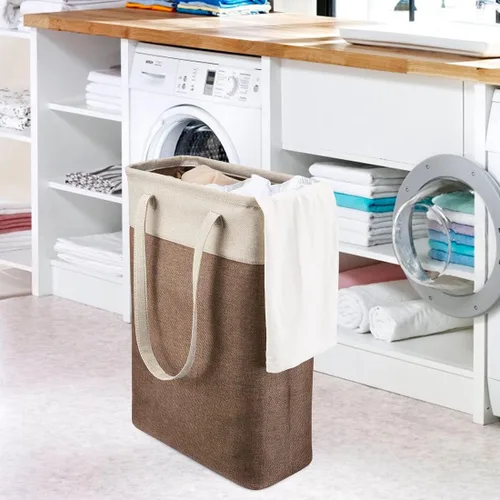 Miniatura 7 de Cesta de ropa sucia con asas beige y marrón, cesta de lavandería delgada plegable, cesta de ropa sucia estrecha, bolsa de lavandería plegable, cesto
