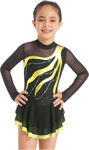 Miniatura 11 de Loyan Vestido de patinaje artístico brillante para niñas y niñas, de malla, de manga larga, patinaje sobre ruedas, competición de baile