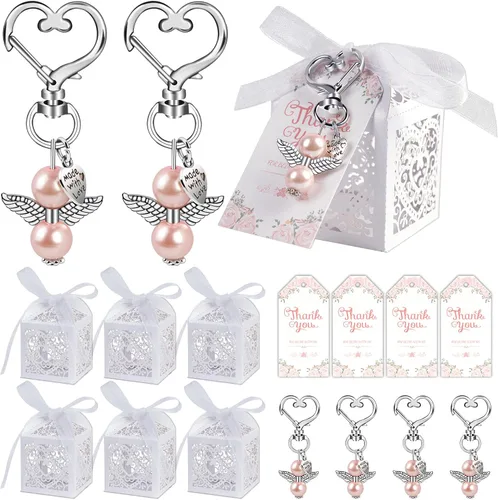 OurWarm 48 regalos de baby shower, incluyendo bonitos llaveros de ángel, cajas de regalo y tarjetas de agradecimiento para regalos de bautismo,