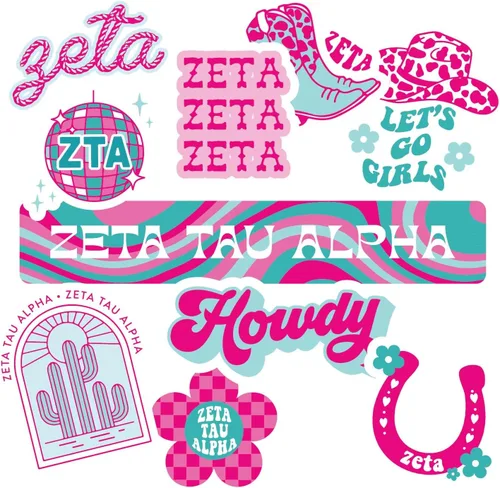 Zeta Tau Alpha - Hoja de calcomanías de vinilo de diseño occidental con diseños con licencia oficial, adhesivo extraíble, 10 calcomanías por hoja,