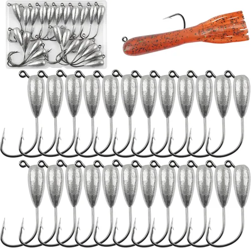 Miniatura 13 de Ganchos de cabeza de plantilla de pesca, 12/24 piezas de ganchos de cabeza de tubo para pesca de lubina, sin pintar, tubo de gota de agua, anzuelo