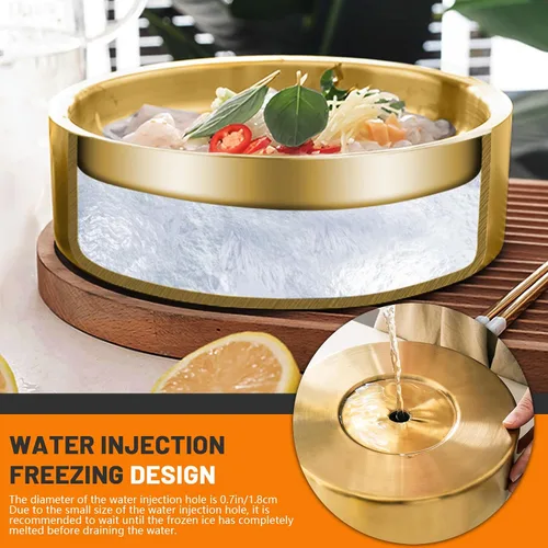 Miniatura 3 de Bandejas de acero inoxidable doradas de 11 pulgadas, bandeja fría para servir aperitivos con hielo, bandeja de servir helado para fiestas, plato