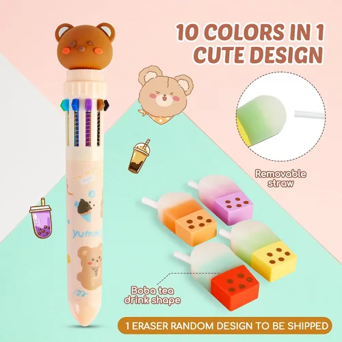 Miniatura 5 de Juego de papelería de té de burbujas, 61 piezas de suministros escolares Kawaii y estuche Boba para niñas, con 8 bolígrafos, 50 calcomanías, bolsa
