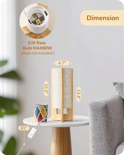 Miniatura 4 de EDISHINE Lámpara de mesa pequeña de madera, lámpara de noche moderna de 13.5 pulgadas, pantalla de lino beige, lámpara cilíndrica de madera natural