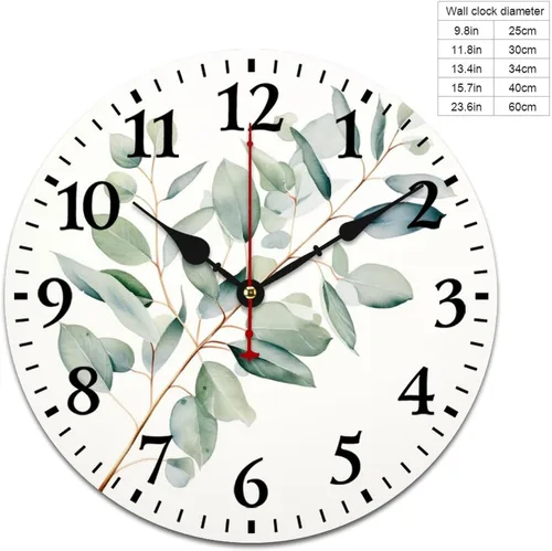 Miniatura 2 de Reloj de pared de madera de 10 pulgadas, acuarela, rústico, eucalipto, reloj de pared de madera rústica, cuarzo, sin tictac, número arábigo, hoja