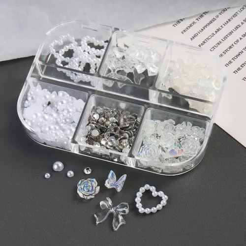 Miniatura 7 de Dijes de Uñas 3D Multiformas, Aurora Rosa Camelia Mariposa Flor Acrílica Lazo Transparente Corazón Blanco Perlas de Respaldo Plano Decoración