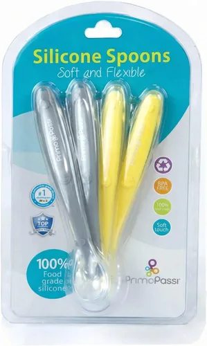Primo Passi - Baby Infant Toddler Best Soft - Cucharas de alimentación de silicona con punta I Entrenamiento de primera etapa I Juego de regalo de 4