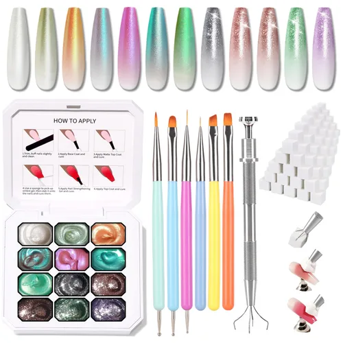 Miniatura 16 de Paleta de Esmalte de Uñas en Gel Sponge Pat, 12 Colores Mezcla Degradado Ombré Gel Polish Pintura Degradada Arte de Uñas, Sin Limpiar, Curado UV/LED