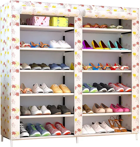 Miniatura 8 de Zapatero de 2 filas de metal, cubierta de tela multicapa a prueba de polvo, organizador de almacenamiento para dormitorio, sala de estar, puerta
