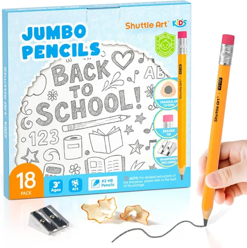 Shuttle Art Lápices jumbo – Paquete de 18 lápices triangulares preafilados #2 HB con borradores y sacapuntas superiores, para niños de 4 a 8 años,