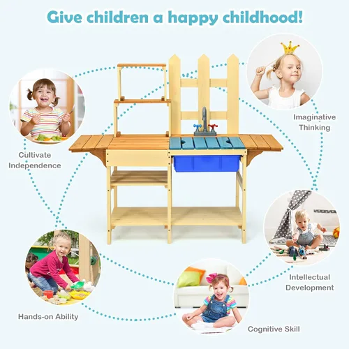 Miniatura 6 de Costzon Cocina de barro para niños al aire libre, cocina de madera con fregadero extraíble, grifo, estantes de almacenamiento, mesa de barro, juego