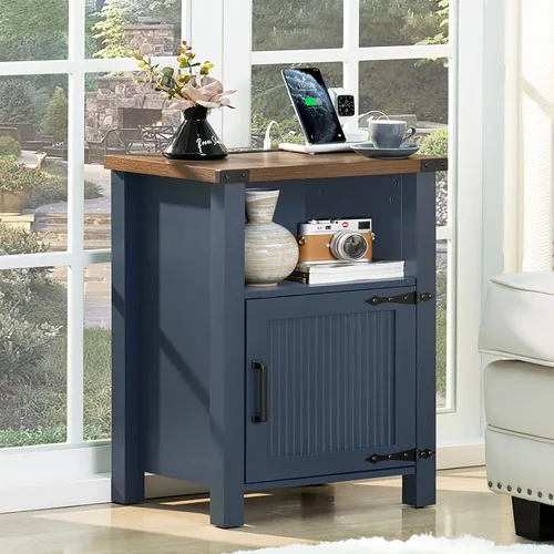 Miniatura 17 de Joaxswe Mesita de noche rústica de 18 pulgadas con estación de carga y puerto USB, mesa auxiliar rústica para sofá con puerta magnética, mesas Negro
