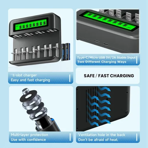Miniatura 5 de CITYORK Baterías recargables C con cargador, paquete de 4 baterías NiMH de 5000 mAh tamaño C con cargador de batería universal LCD inteligente