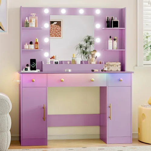 Miniatura 9 de Xixini - Escritorio de tocador con espejo y luces, juego de mesa de maquillaje de 109 cm de ancho en color blanco con 5 cajones y silla, toma