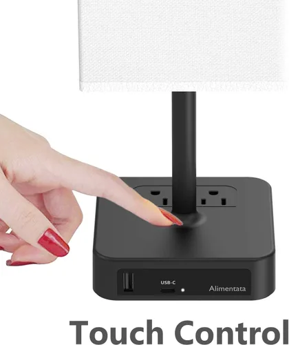 Miniatura 2 de Lámpara de mesa de noche con control táctil y puertos de carga USB C+A, lámpara de escritorio LED con 2 salidas de CA, luz minimalista para mesita