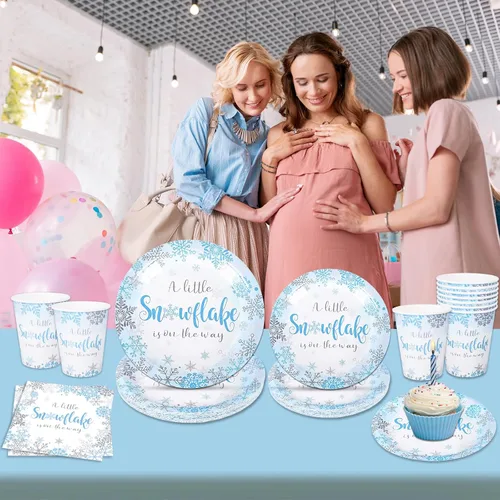 Miniatura 4 de 100 piezas de suministros de fiesta de copo de nieve de invierno, platos de papel y servilletas con tazas, juego de 25 platos azules para baby
