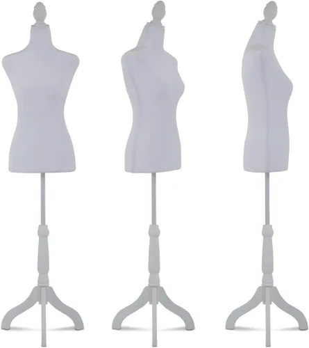 Miniatura 7 de Forma del vestido de cuerpo de torso de maniquí femenino, altura ajustable de 49.6 a 63.4 pulgadas con trípode de madera para exhibición de Blanco
