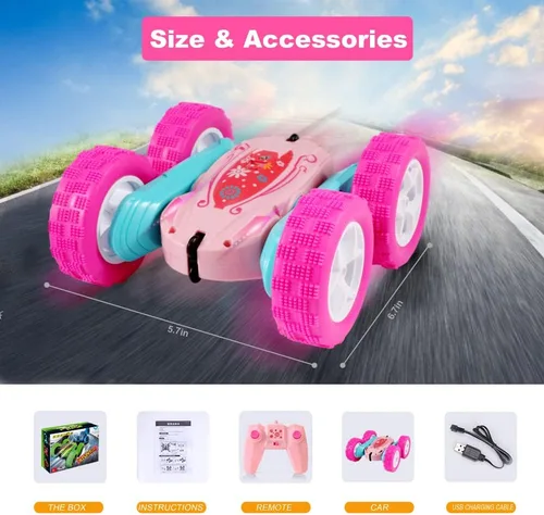 Miniatura 6 de FREE TO FLY Coches de Acrobacia RC: Auto de Carrera de Carrera de 4 Ruedas con Rotación de 360° y Doble Cara para Exterior e Interior para Niñas