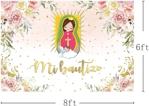 Miniatura 3 de MEHOFOND Telón de fondo de bautismo Mi Bautizo de 8 x 6 pies, acuarela, rosa, floral, hierba de las pampas, fondo de baby shower, fondo de baby