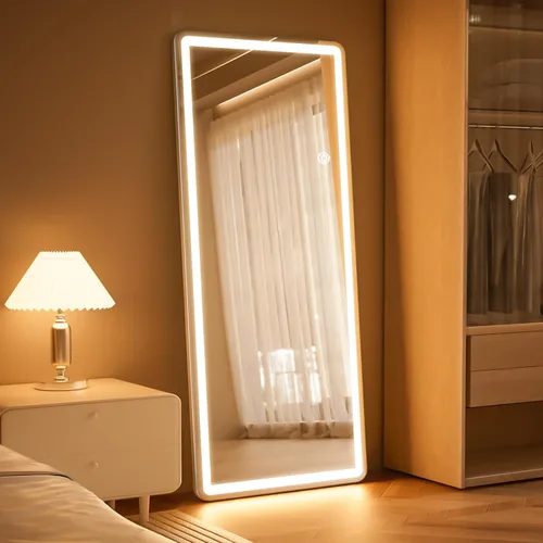 Espejo LED de longitud completa, 56 x 20 pulgadas, espejo de longitud completa con esquina redondeada, pie para dormitorio/vestidor, iluminación de