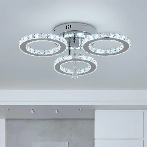Deckrico Moderno candelabro de cristal de montaje empotrado, lámpara de techo colgante de acero inoxidable de 3 anillos redondos para sala de estar,