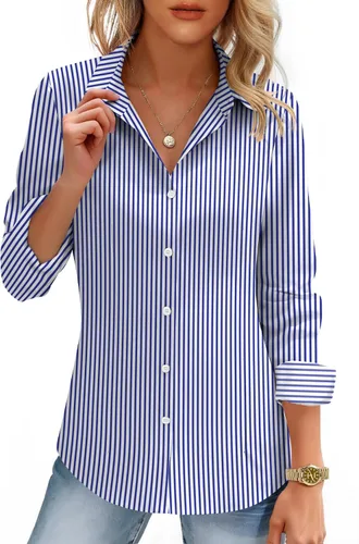 Miniatura 19 de HOTOUCH Camisas de mujer con botones de manga larga, camisa de vestir ajustada, blusas de trabajo, cuello, elegantes, casuales, de negocios