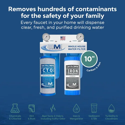 Miniatura 4 de Applied Membranes Inc. Sistema de filtro de agua de 2 etapas para toda la casa, 1 cartucho de filtro de carbono y 1 hierro, 4.5 x 10 pulgadas
