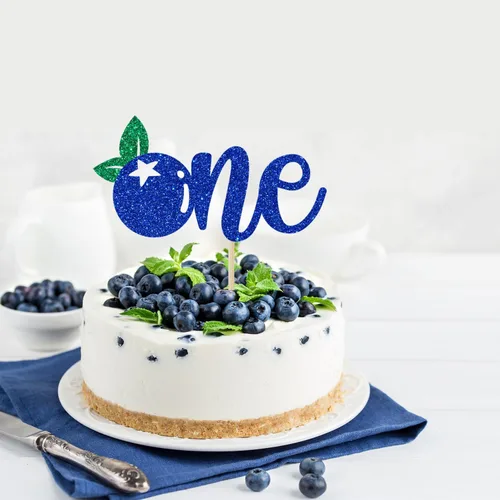 Miniatura 2 de Calarjeta Decoración para pastel de primer cumpleaños de arándanos, papel apto para alimentos, 4.2 x 5.9 pies, purpurina azul y verde, decoración