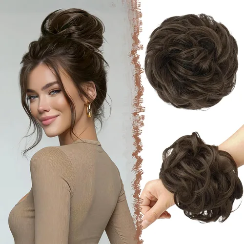 Miniatura 9 de FESHFEN Pieza de Cabello Grande de Moño Desordenado de Fibra Sintética Negro Azabache, 1.94 oz