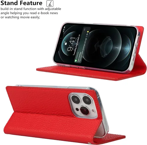Miniatura 5 de iCoverCase Compatible con iPhone 13 Pro Max, funda magnética de piel auténtica con bloqueo RFID, correa para la muñeca y ranuras para tarjetas, Rojo
