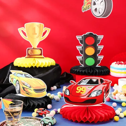 Miniatura 5 de Inbagi 9 piezas de decoración de fiesta de autos de carreras, centros de mesa de panal de abeja, decoración de mesa de fiesta de doble cara