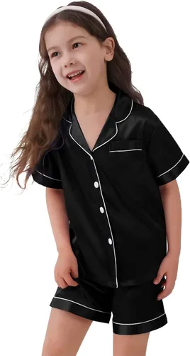 Miniatura 7 de SWOMOG Conjunto de pijama de satén para niños y niñas, con botones, de manga corta, ropa de dormir de seda de 2 piezas