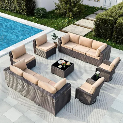 Miniatura 19 de Gotland Juego de muebles de patio de 8 piezas con mesa con fogón, muebles de ratán para exteriores para todo tipo de clima con respaldo alto de 2
