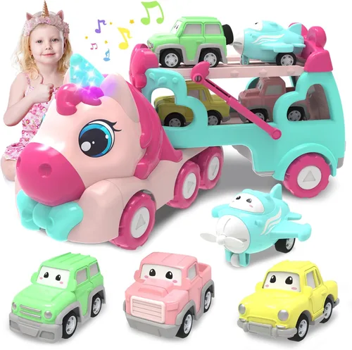 Miniatura 15 de Juguetes de Dinosaurio para Niños 2 3 4 5 6, 5 en 1 Camión de Dinosaurio con 4 Coches de Dino, Luz y Sonido, Juguetes para Niños de 2 a 7 Años