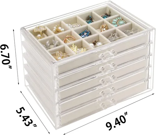 Miniatura 2 de Watpot Joyero acrílico con 5 cajones organizador de almacenamiento de pendientes transparente para mujeres y niñas color beige