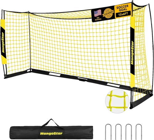 MangoStar Portería de fútbol, 3,7 x 1,8 m con base metálica plegable, red de fútbol portátil para patio trasero, fácil de montar, red de fútbol para
