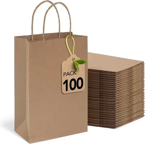 MESHA Bolsas de papel marrón de 5.25 x 3.75 x 8 pulgadas, bolsas de regalo pequeñas con asas a granel, paquete de 100 para pequeñas empresas,