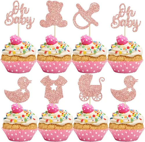Gyufise 36 piezas Adornos para cupcakes de baby shower con purpurina, chupete, carrito de bebé, oso, Oh Baby, púas para cupcakes para revelación de