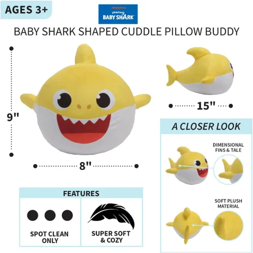 Miniatura 2 de Nickelodeon Baby Shark Kids - Peluche de peluche y almohada decorativa, color amarillo, 15 pulgadas de alto