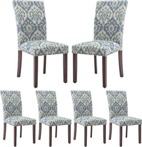 COLAMY Juego de 6 sillas de comedor tapizadas Parsons, sillas laterales de tela para comedor y cocina con ribete de tachuelas y patas de madera -